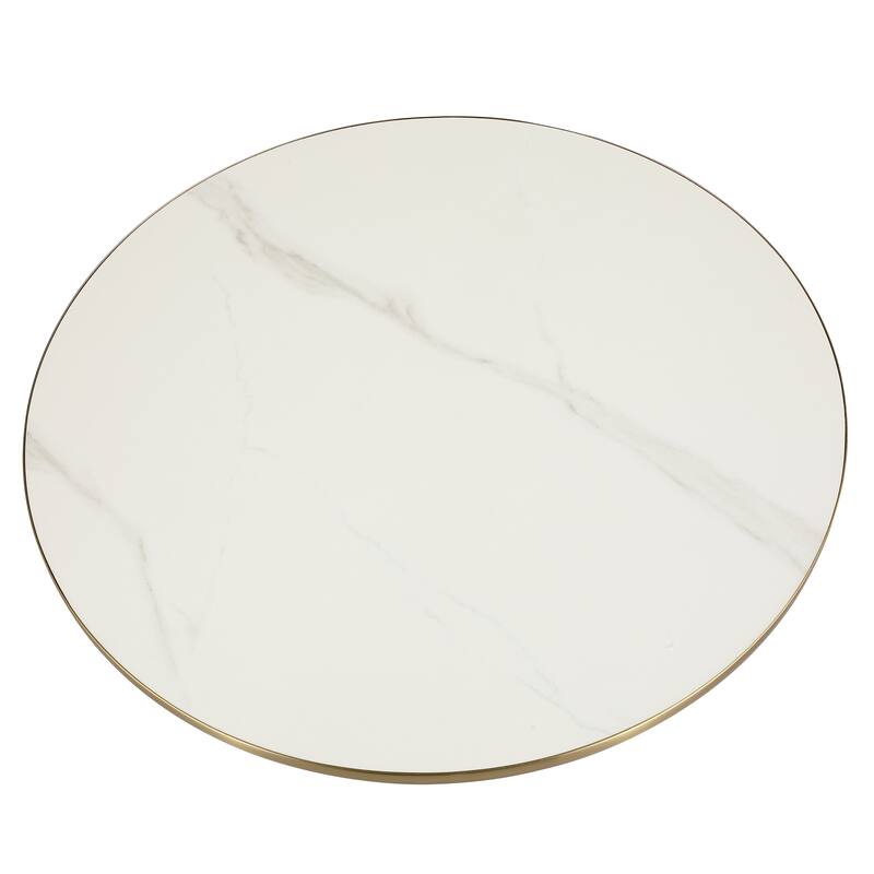 30-Inch Round Coffee Table Glass/Stone Tabletop with Gold Iron Rim Frame Glass Pedestal Base