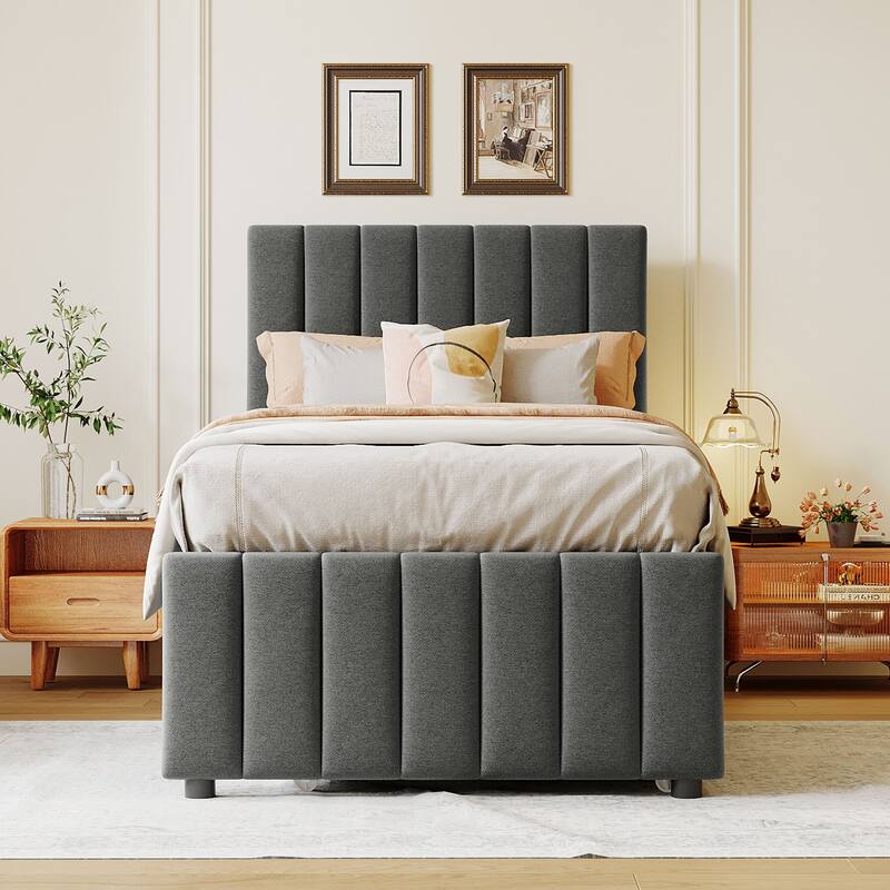 Upholstered Platform Bed Captain Bed with Trundle and 3 Drawers, Vertical Striped Linen Headboard and Footboard Slats Support