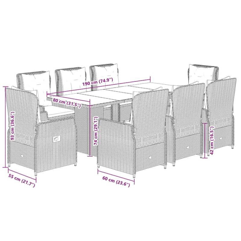 vidaXL Garden Dining Set Grey PE Rattan Large Adjustable Armrests - 31.5 x 74.8 x 29.1