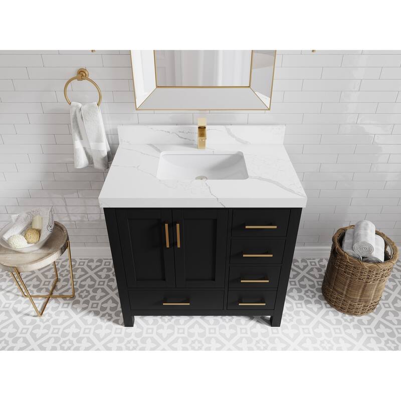Willow Collections 36 in. W x 22 in. D Malibu Center Sink Left Bathroom Vanity with Countertop - 2" Calacatta Laza - Black