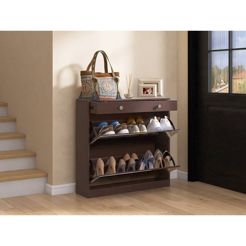 Mirrored Shoe Cabinet with Drawers - Space-Saving Entryway Organizer in Brown Finish