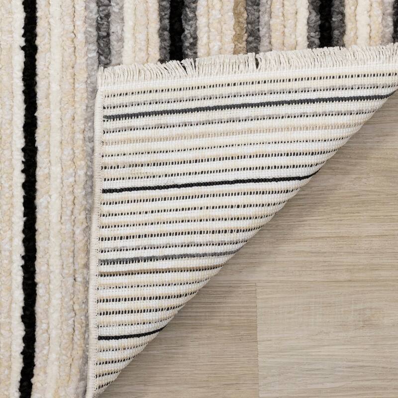 Cali Collection - Black/Cream Beige Symmetrical Stripes Rug
