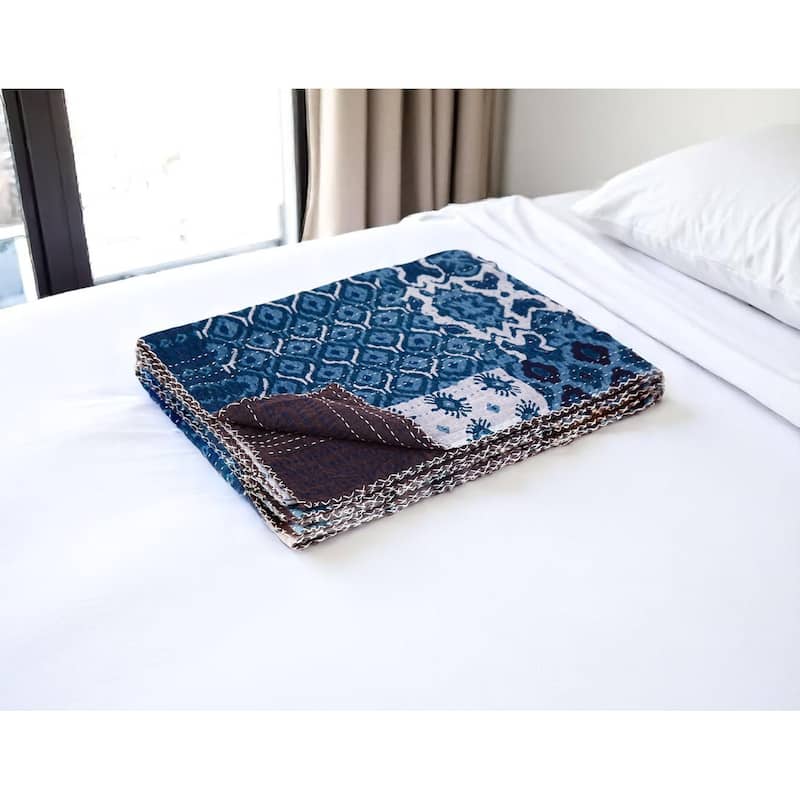 HomeRoots 50" X 70" Black And Blue Ikat Cotton Quilted Kantha Throw Blanket with Embroidery - Black/Blue