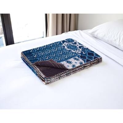 HomeRoots 50" X 70" Black And Blue Ikat Cotton Quilted Kantha Throw Blanket with Embroidery