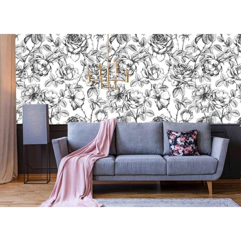 Hand Drawn Gardenia Flowers Removable Wallpaper - 10'ft H x 24''inch W