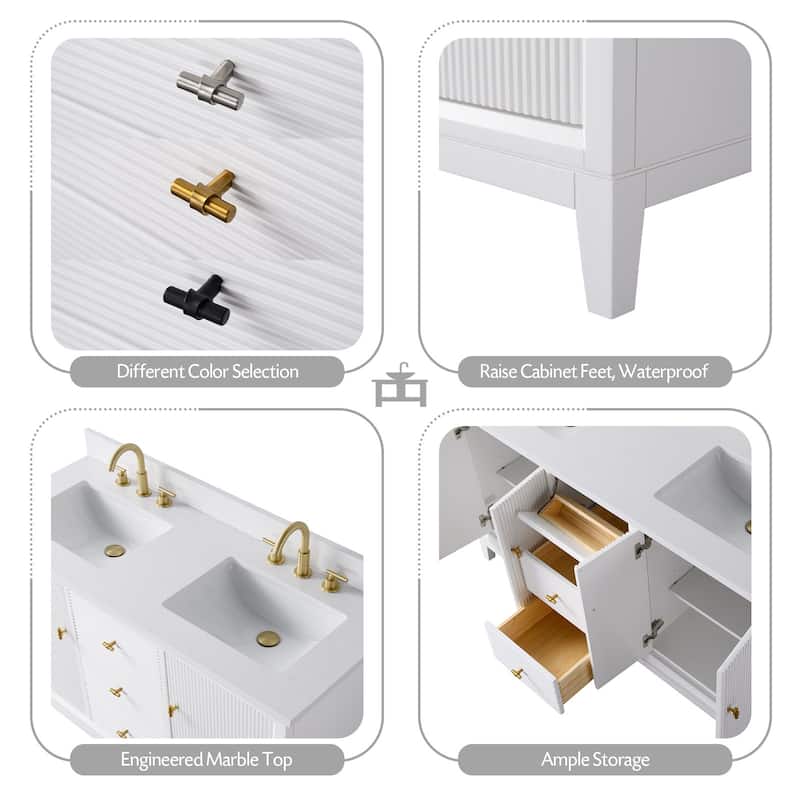 Vanity Art 60" Freestanding Bathroom Vanity with Engineered Marble Top and Sinks