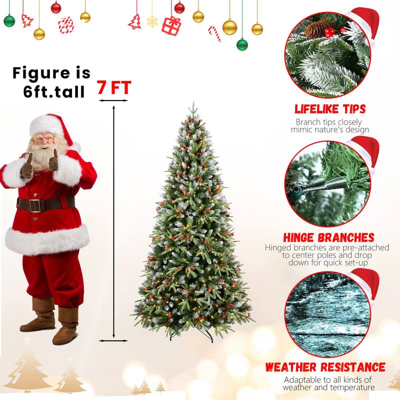 8FT Christmas Tree with 600 Warm White LED Lights - 2850 Snow-Tipped PE+PVC Branches, Red Berries & Pine Cones,Metal Stand