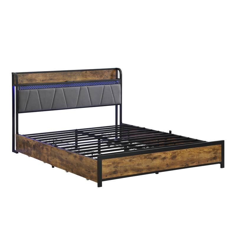 Full Size Metal Storage Bed Frame w/ Storage Headboard & Charging Station and 4 Storage Drawers, LED Lights, Brown