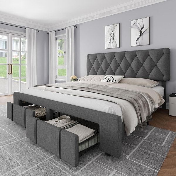 slide 2 of 25, Velvet Platform Bed Frame with Storage Drawers Grey - King