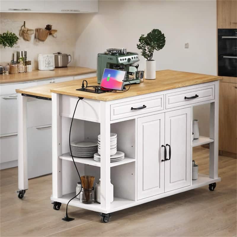 47" Wood Rolling Kitchen Island with Extendable Top,Rack,Power Outlet