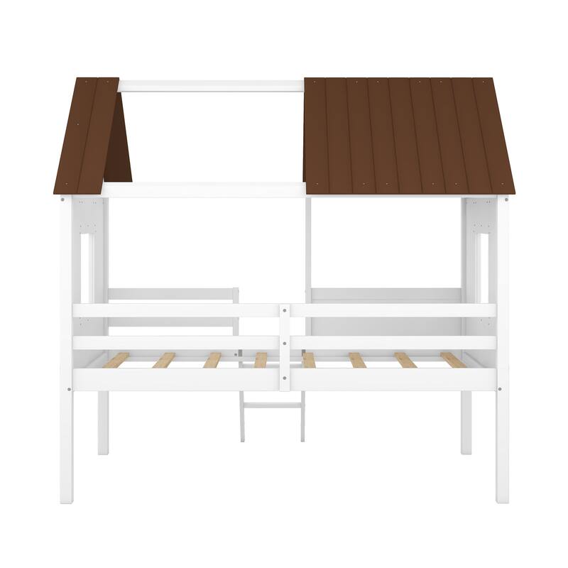 Twin Size Low Loft Bed House Bed with Roof, Side Windows, Ladder and Safety Guardrail, Playhouse Bed with Wood Frame for Kids