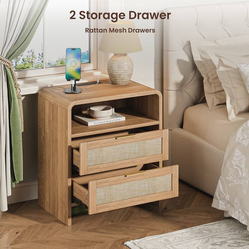 22.8" Rattan Nightstand with Charging Station, 2 Drawers & Open Shelf, Curved Modern Bedside Table