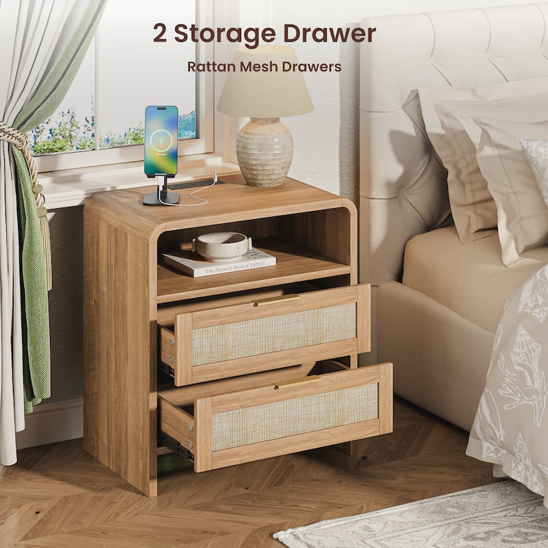 Rattan Nightstand with Charging Station Set of 2, 2 Drawers & Open Shelf, 22.8"Wide Curved Wooden Bedside Table