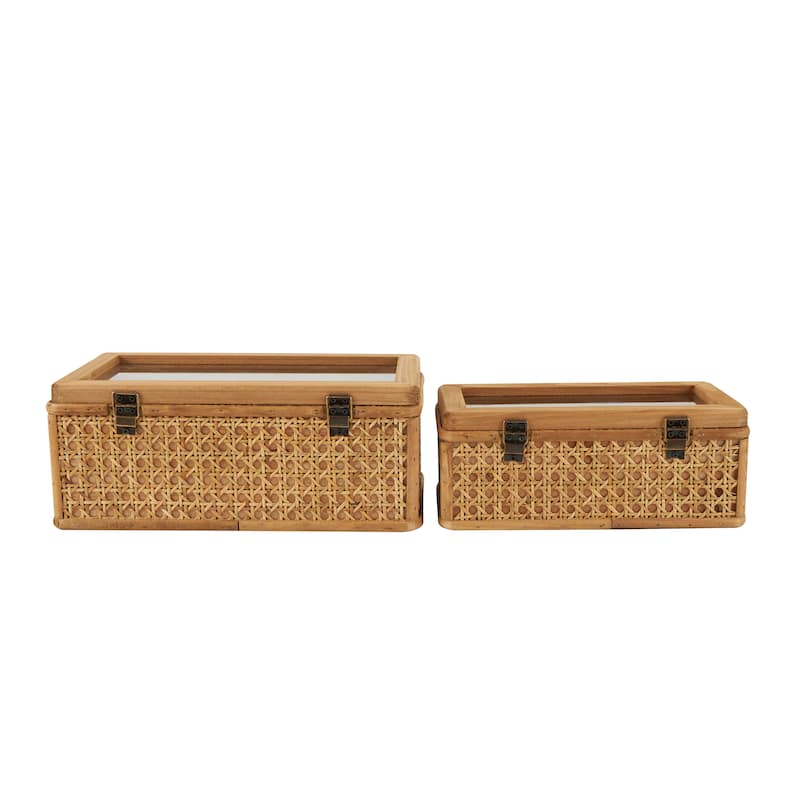 Brown Rattan Handmade Woven Rattan Decorative Box with Glass Tops and Bronze Latches (Set of 2)