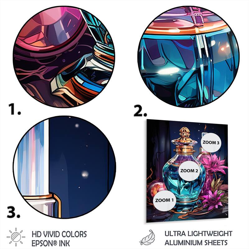 Designart "Orange Crystal Perfume Bottle II" Perfumes Metal Wall Art - Blue Metal Wall Décor Glam Metal Art Work