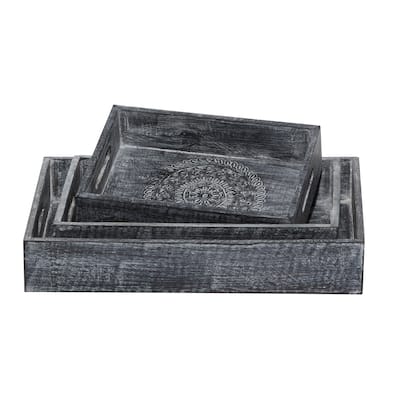 Wood Floral Intricate Carved Tray - Set of 3 Black - Roche River Decor - 12"W x 18"L x 3"H