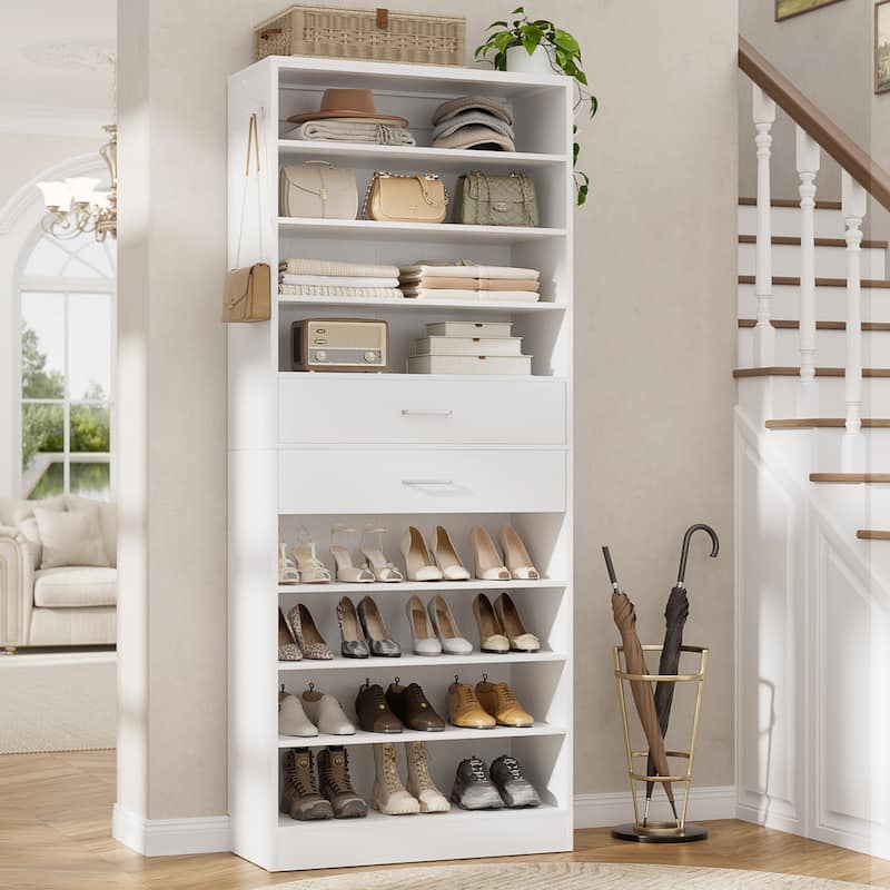 9-Tier Shoe Cabinet with 2 Drawers, Freestanding Closet Organizer with Adjustable Storage Shelves - White