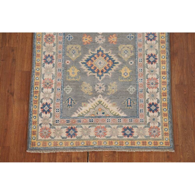 Gray Kazak Runner Rug Hand-Knotted Wool Carpet - 2'7" x 9'7"