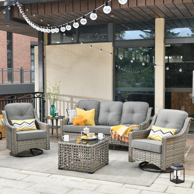 HOOOWOOO 5-piece Rattan Wicker Outdoor Conversation Set with Swivel Chair and Coffee Table - Dark Grey