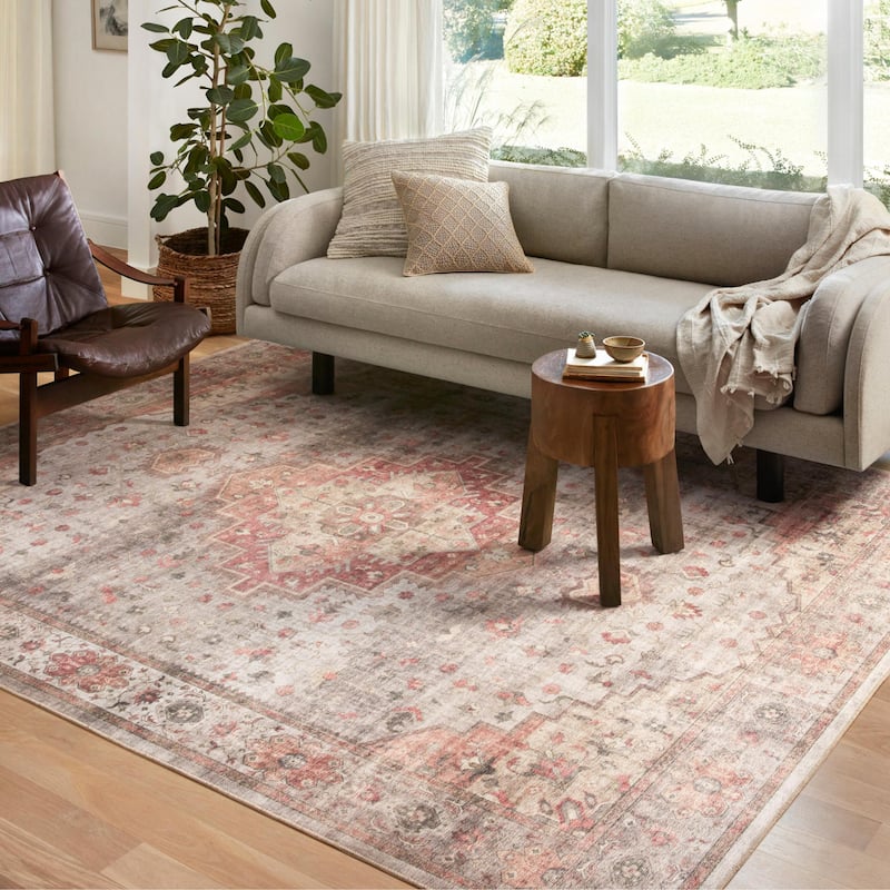 Alexander Home Meghan Distressed Vintage Area Rug - 7'-6" x 7'-6" Round - Dove / Spice - Runner/Round