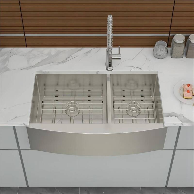 33 in 36 in Double Bowl Farmhouse 18 Gauge Apron Front Kitchen Sink