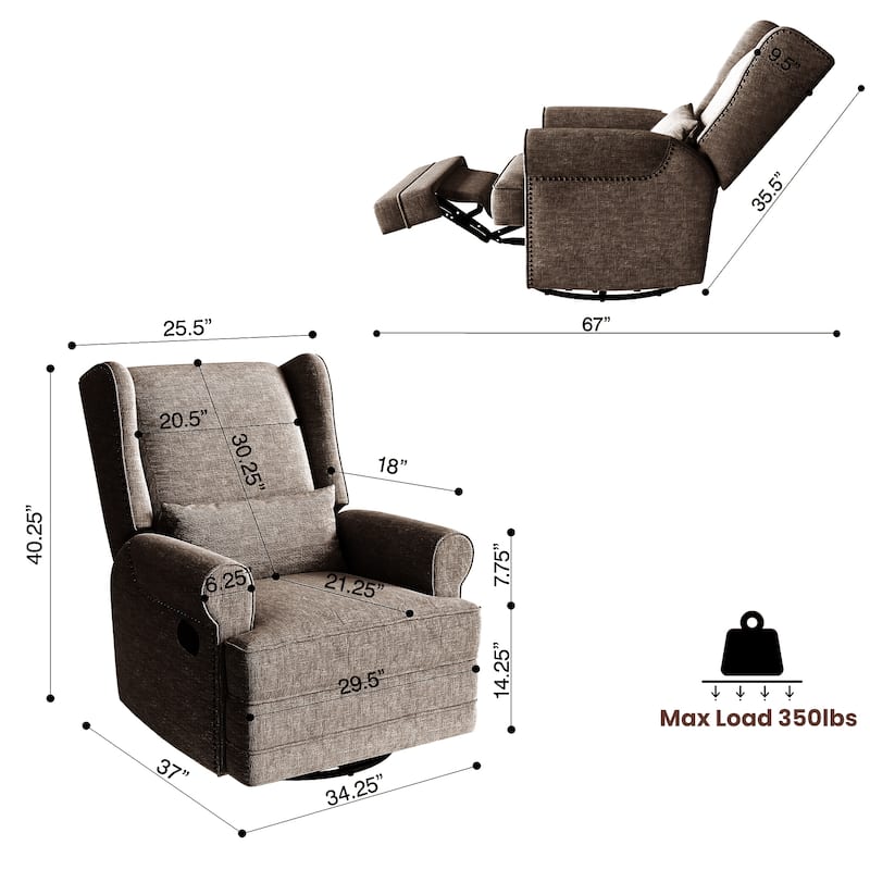 Swivel Recliner Chair with Extra Large Footrest, Grey
