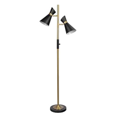 Brassed Gold Floor Lamp with 4-Way Switch Double Spots with Metal Base