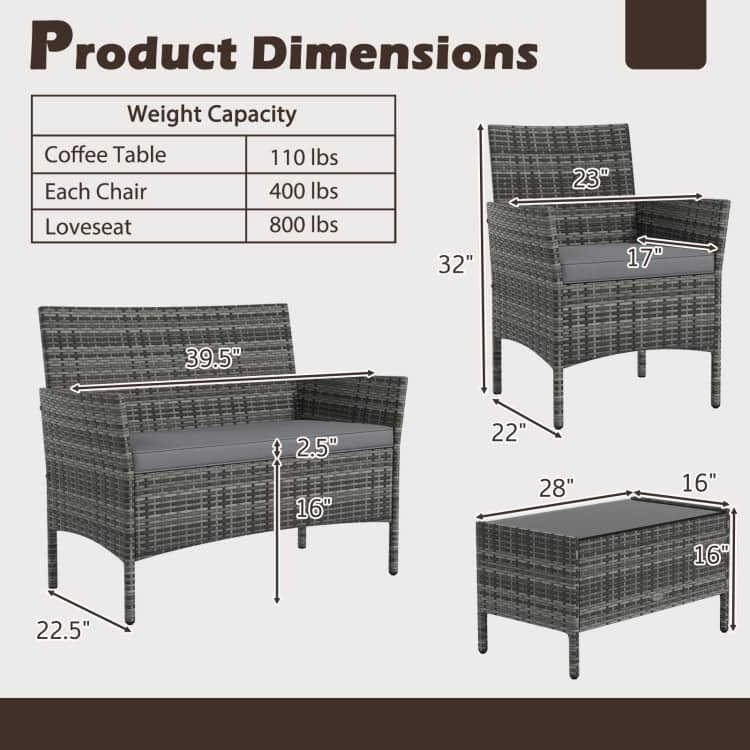 4 Piece Outdoor Rattan Patio Set with Cushions and Glass Table - 39.5" x 22.5" x 32"