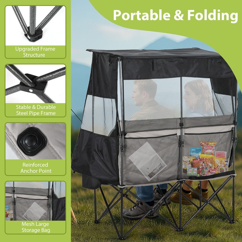 Double Folding Camping Loveseat with Canopy, Cooler, Cup Holders & Storage for Outdoor Activities