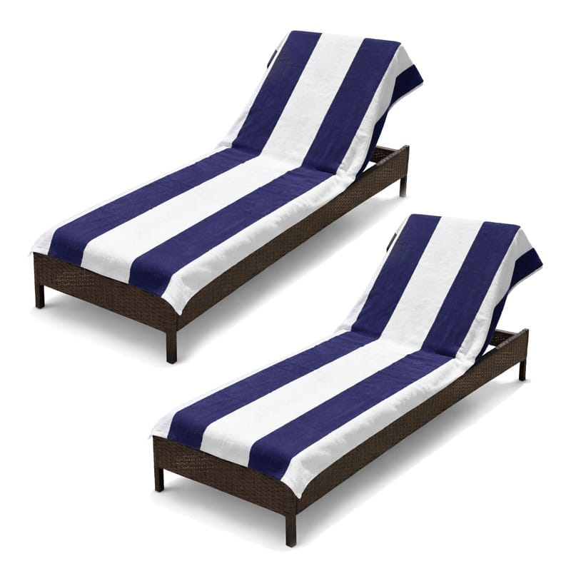 100% Cotton Cabana‑Stripe Lounge Chair Cover Terry Towel with Fitted Pocket & Back Flap Set of 2
