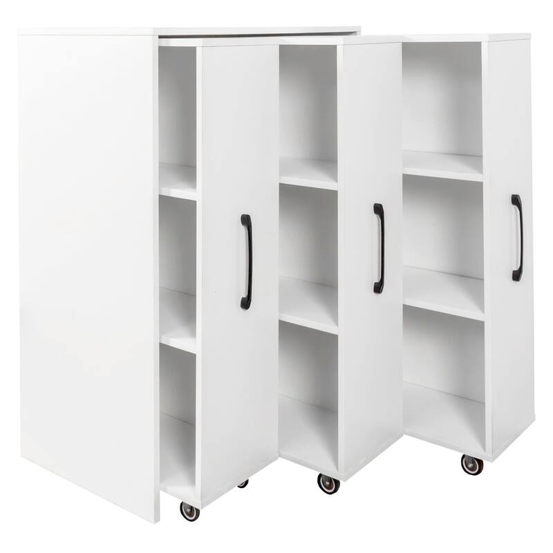 3-Tier Bookcase with Sliding Doors, Floor Standing Storage Cabinet with Wheels for Office, Bedroom and Living Room