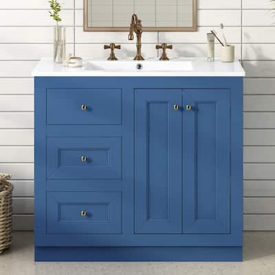 36inch Bathroom Vanity with Ceramic Sink, Bathroom Storage Cabinet with 2 Drawers& Shelf, Solid Wood and MDF Board(Blue)