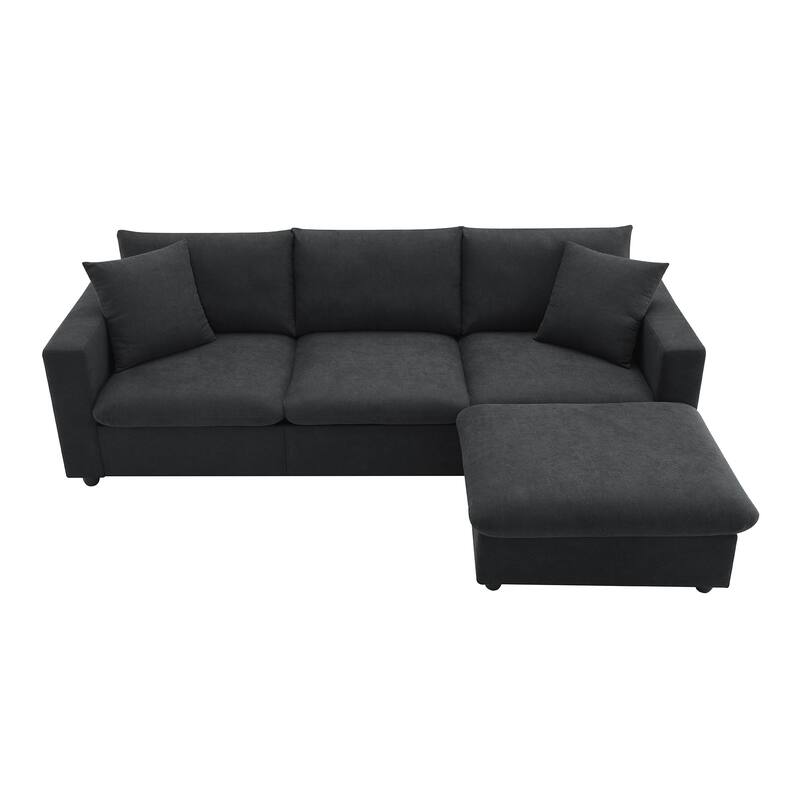Modern Sectional Sofa, L-Shaped Couch Set with 2 Free pillows, 4-seat Polyester Fabric Sofa Couch with Convertible Ottoman