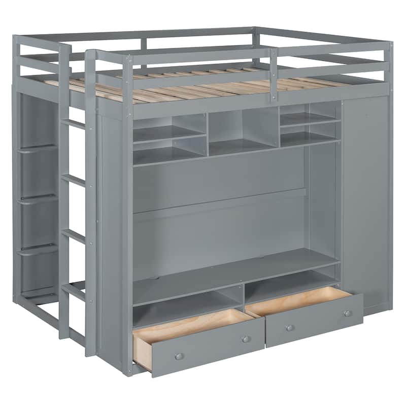 Full Size Loft Bed with Drawers, Shelves, and LED Light - Gray