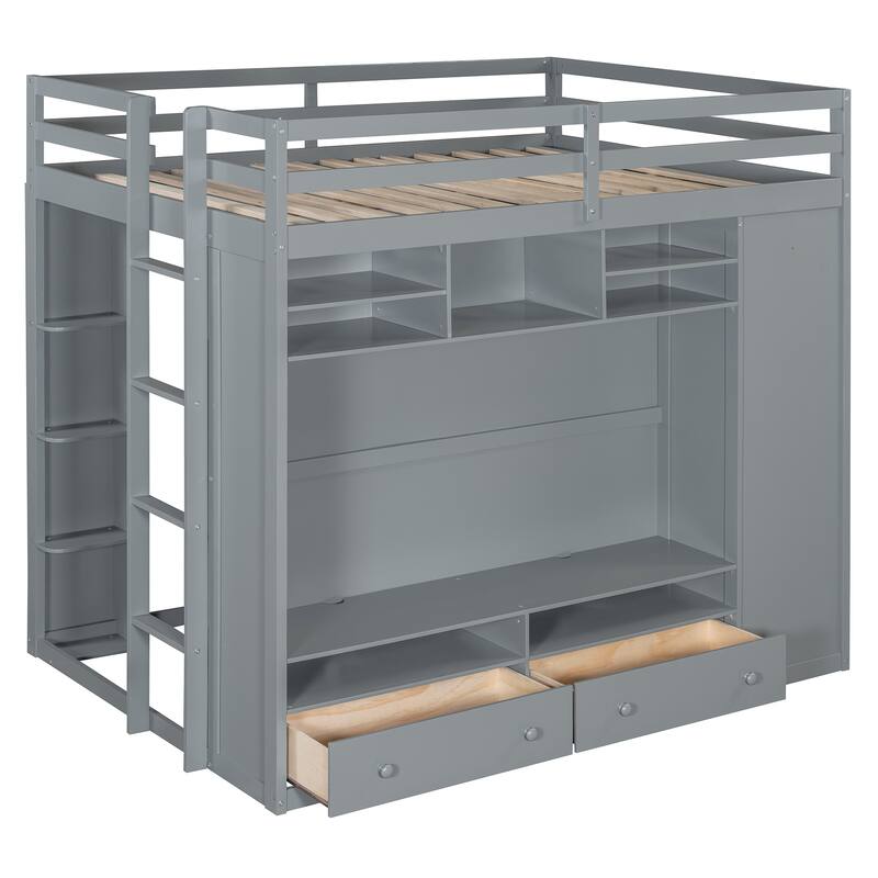 Full Size Loft Bed with TV Stand and Drawers, Teens Kids Storage Bed Frame with Shelves, Wardrobe and LED Light