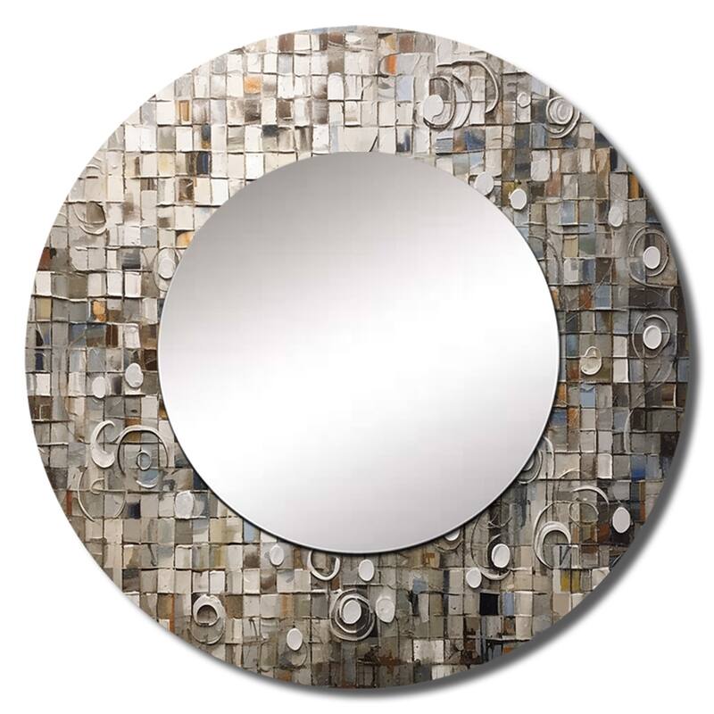 Designart "Brown And White Bohemian Medley" Boho Mosaic Wall Mounted Round Large Mirror - Modern Large Mirror Wall Décor
