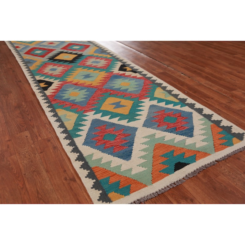 Hand Woven Oriental 100% Wool Carpet Southwestern All-Over Multi-Colored Kilim Runner Rug - 12' 10'' X 2' 9''