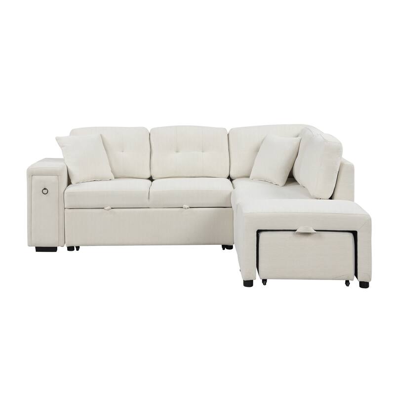 Beige 86.6" L-Shaped 4-Seat Sectional Sofa with Pull-Out Bed, Movable Ottoman, USB Ports, and Cup Holder Drop-Down Table