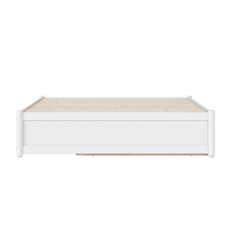 Full Panel Platform Bed w/ Twin Trundle - White Modern Bed Frame & Hidden Storage