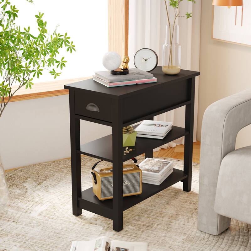 Narrow Sided End Table with Drawers and Flip Top - Espresso