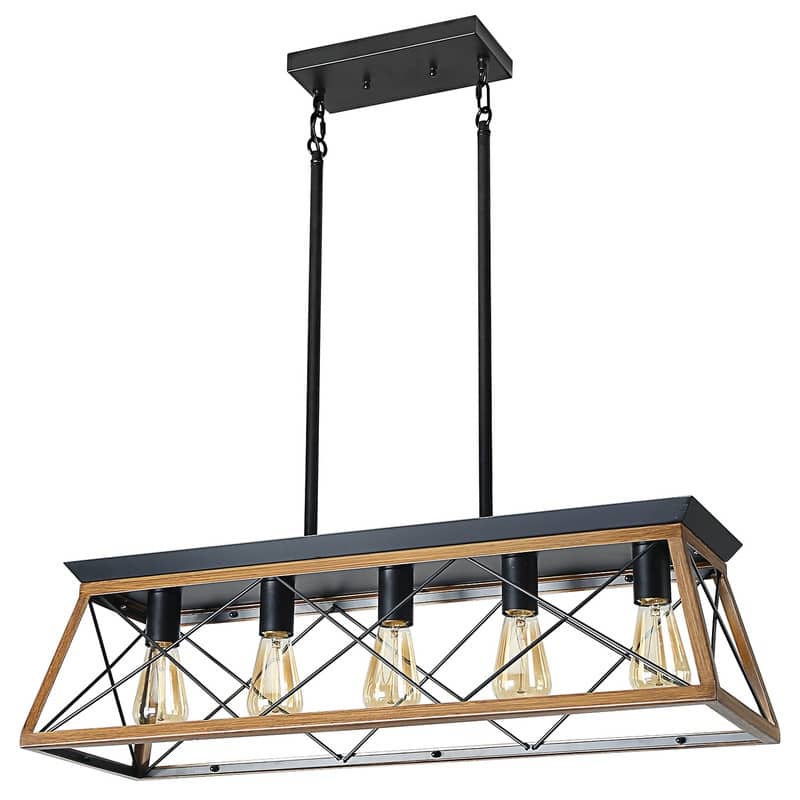 32" Industrial Pendant Chandelier – Walnut & Metal Cage Design, Adjustable Hanging Light (Bulbs Not Included)‌.