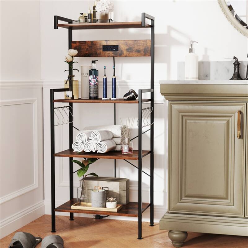 4-Tier Rustic Brown Kitchen Bakers Rack with Built-in Charging Station and Hooks Safety Rails - 23" × 13" × 54" (L x W x H)