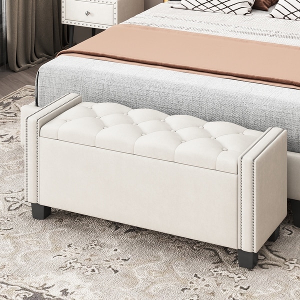 Upholstered Velvet Storage Ottoman Bench for Bedroom End of Bed Bench with Rivet Design Tufted Foot Rest Stool Bed Bath Beyond 40404761