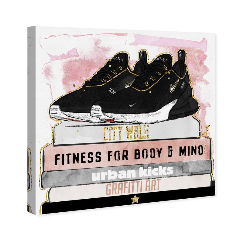 Wynwood Studio Canvas Fashion and Glam Sporty Shoes on Books Black and Modern & Contemporary Wall Art Canvas Print