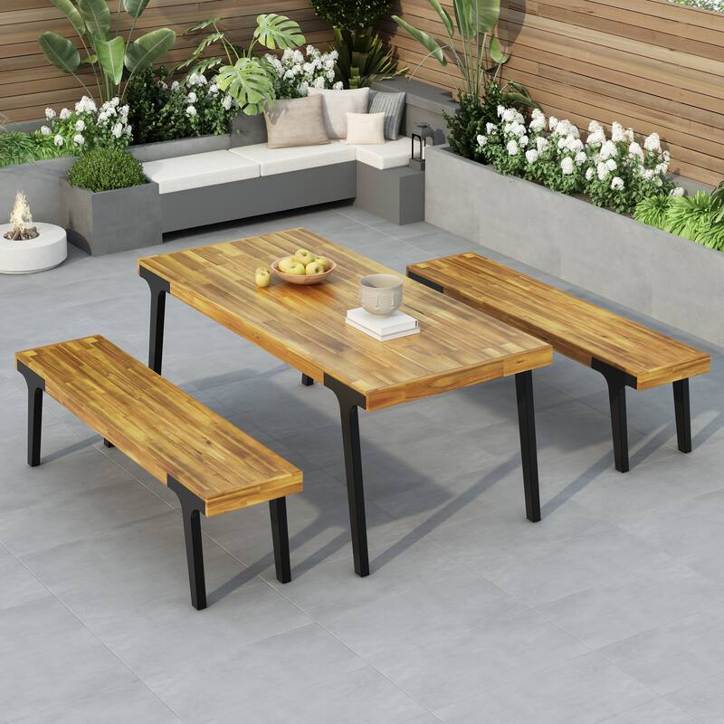 Modern Outdoor Dining Table and Chair Set Farmhouse Dining Table Set with 2 Bench and Metal Legs for Patio Backyard Outdoor
