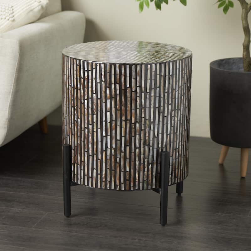 Mother of Pearl Shell Geometric Handmade Mosaic Inlay Accent Table with Black Metal Legs - Multi Colored - Roche River Decor