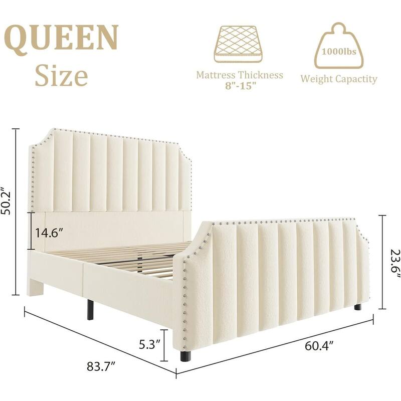 Queen/ King Size Velvet Bed Frame, 50.2" Tall Headboard & Footboard, Upholstered Platform Bed Frame No Box Spring Needed