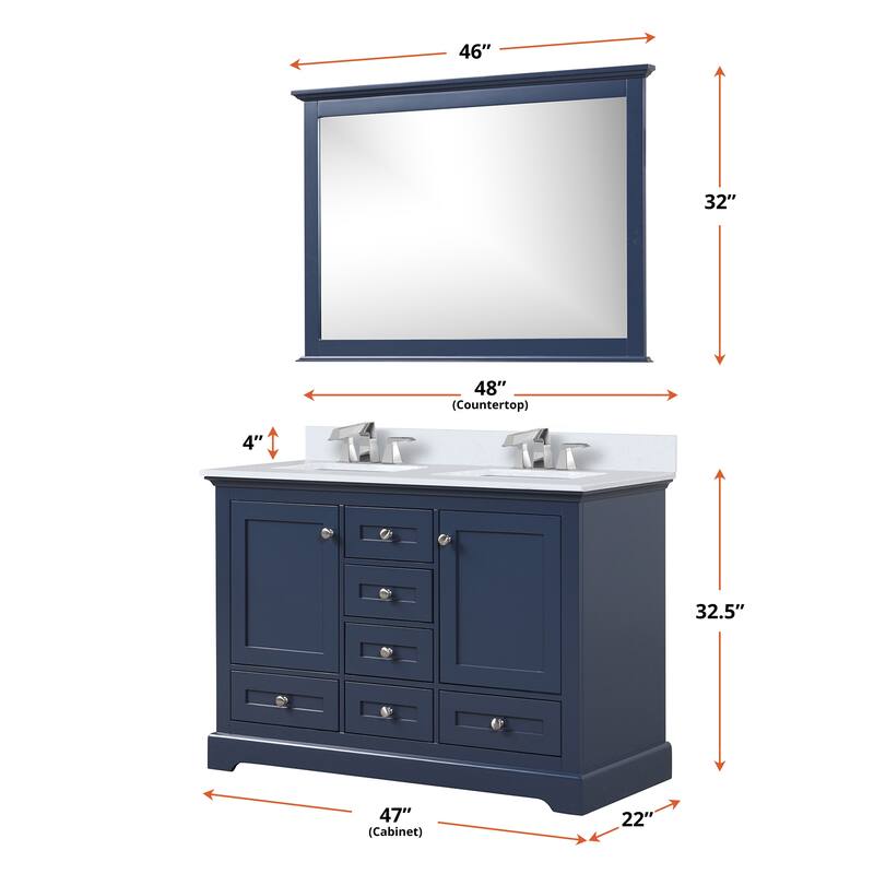 Dukes 48 in. W x 22 in. D White Double Bath Vanity, White Quartz Top, Faucet Set, 46 in. Mirror