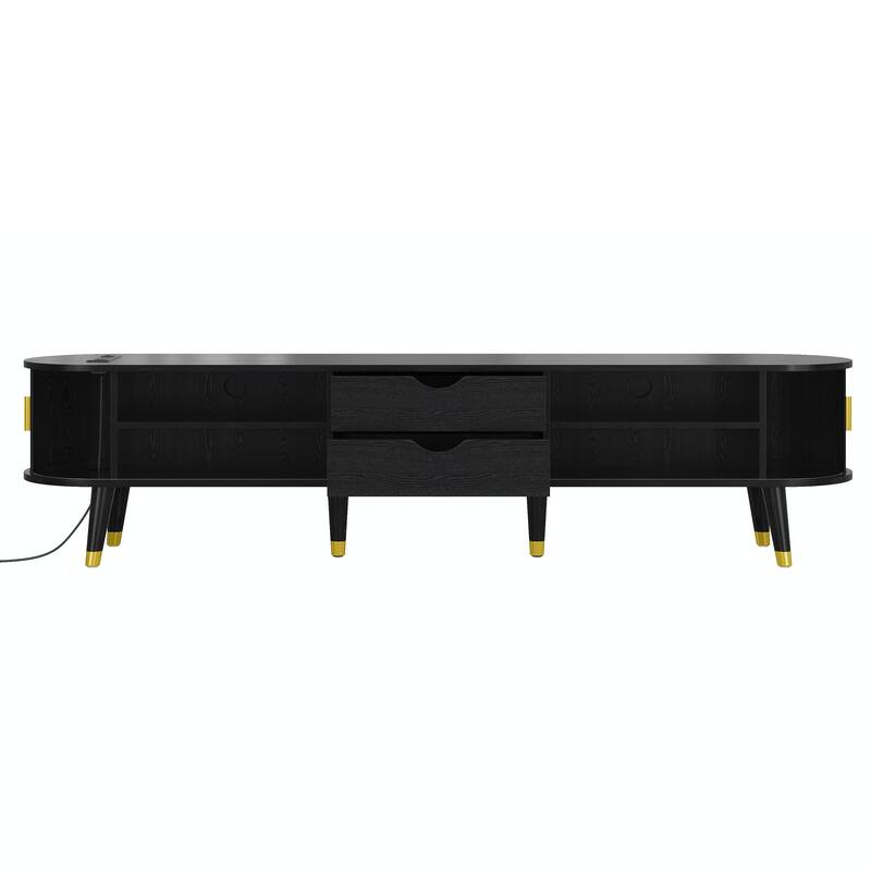 Wooden Oval Fluted TV Stand with Charging Station for TV up to 80", Mid-Century Media Console with Sliding Tambour Door