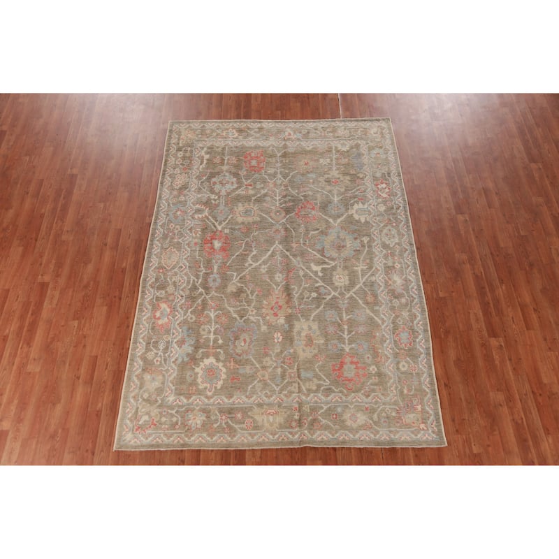 Hand Knotted Oriental 100% Wool Carpet Transitional All-Over Brown Oushak Area Rug - 8' 11'' X 6' 2''